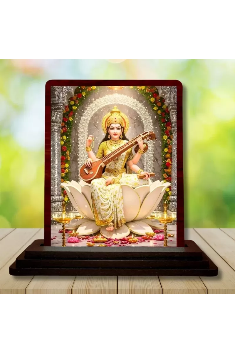Car Desk/Table Top Goddess Lakshmi Wooden Photo Stand  3x4 Inches, Compact & Stylish Spiritual Display For Car, Home & Office (Pack Of 1) (F14520)