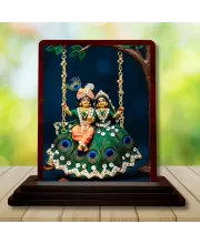 Car Desk/Table Top Radha Krishna Wooden Photo Stand  3x4 Inches, Compact & Stylish Spiritual Display For Car, Home & Office (Pack Of 1) (F14522)