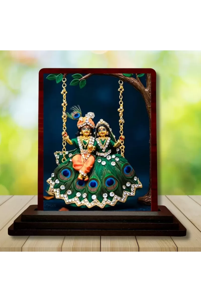 Car Desk/Table Top Radha Krishna Wooden Photo Stand  3x4 Inches, Compact & Stylish Spiritual Display For Car, Home & Office (Pack Of 1) (F14522)
