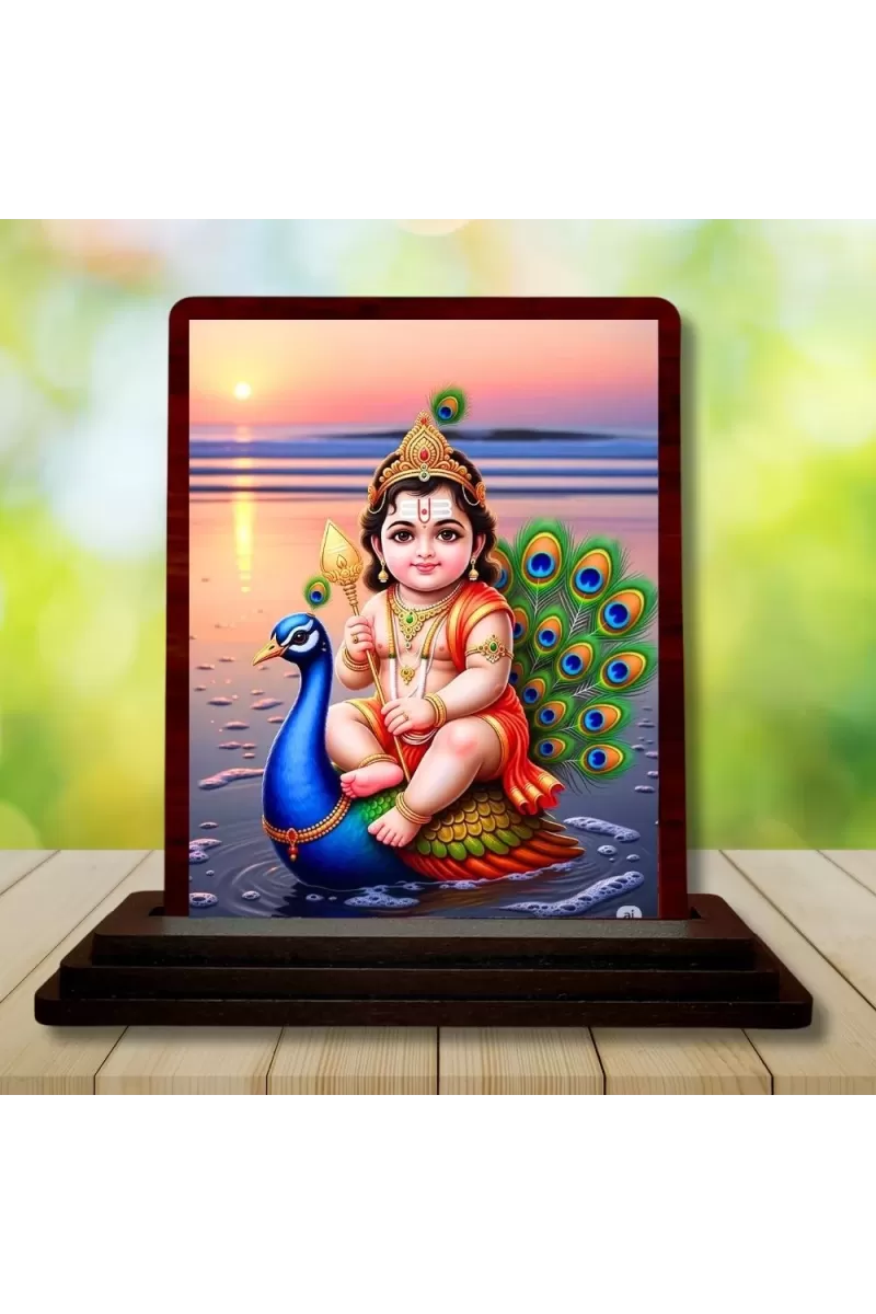 Car Desk/Table Top Lord Murugan Wooden Photo Stand  3x4 Inches, Compact & Stylish Spiritual Display For Car, Home & Office (Pack Of 1) (F14525)