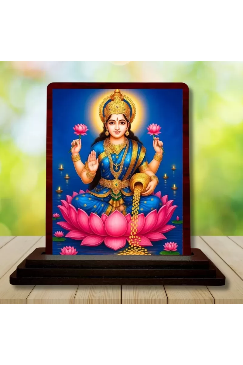 Car Desk/Table Top Goddess Lakshmi Wooden Photo Stand  3x4 Inches, Compact & Stylish Spiritual Display For Car, Home & Office (Pack Of 1) (F14527)