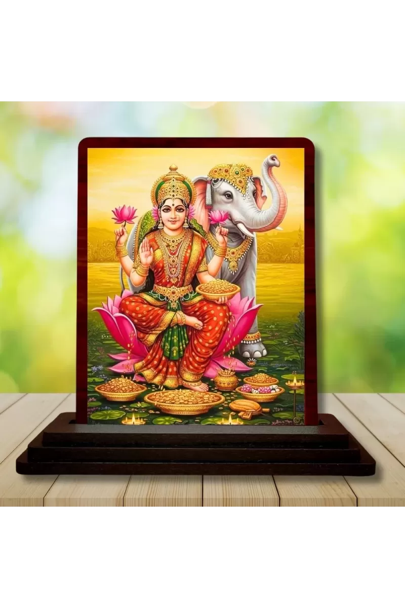 Car Desk/Table Top Goddess Lakshmi Wooden Photo Stand  3x4 Inches, Compact & Stylish Spiritual Display For Car, Home & Office (Pack Of 1) (F14528)