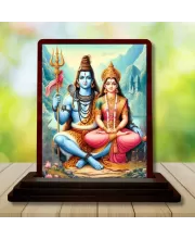 Car Desk/Table Top Lord Shiva And Parvathi Wooden Photo Stand  3x4 Inches, Compact & Stylish Spiritual Display For Car, Home & Office (Pack Of 1) (F14529)
