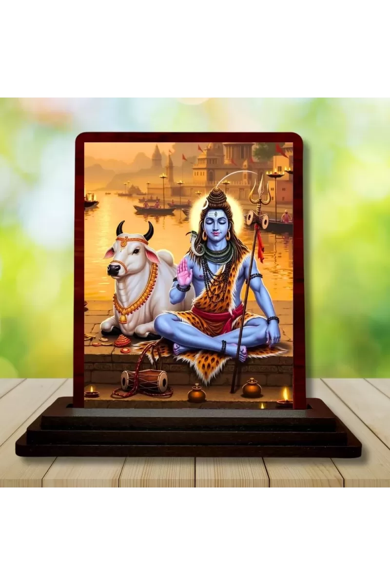 Car Desk/Table Top Lord Shiva Wooden Photo Stand  3x4 Inches, Compact & Stylish Spiritual Display For Car, Home & Office (Pack Of 1) (F14531)