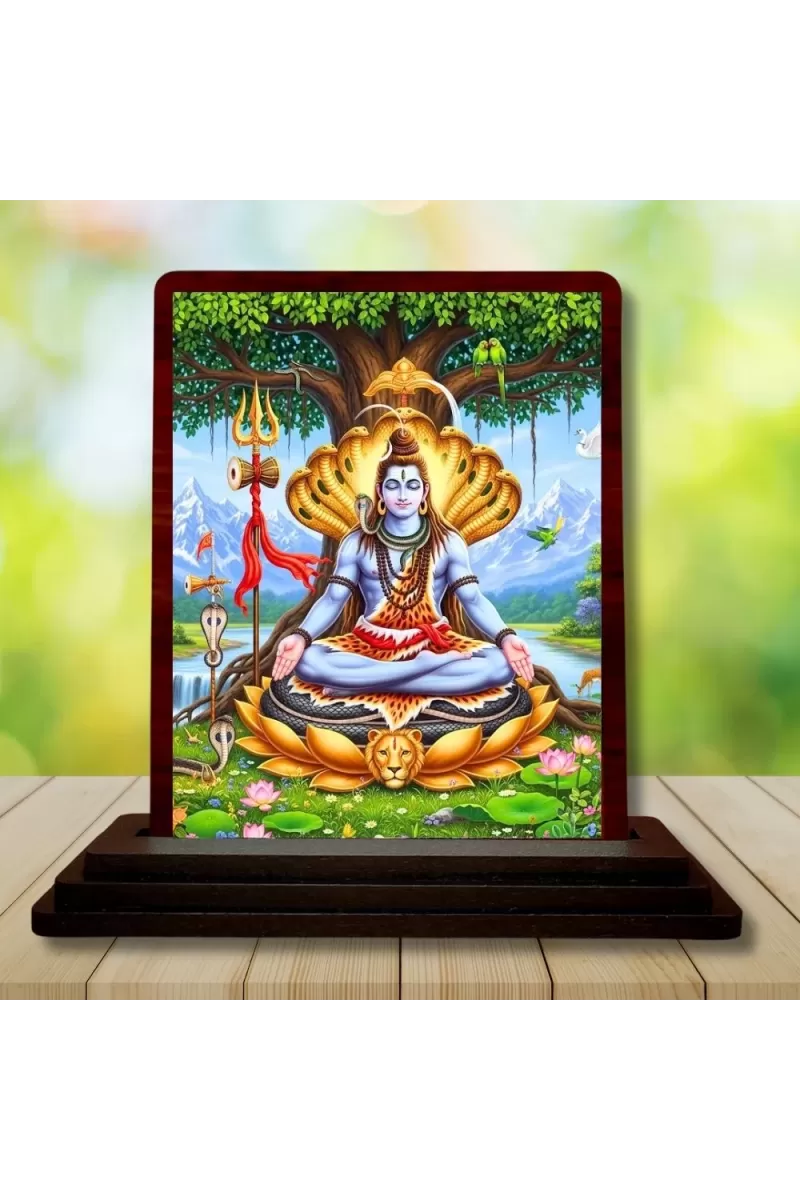 Car Desk/Table Top Lord Shiva Wooden Photo Stand  3x4 Inches, Compact & Stylish Spiritual Display For Car, Home & Office (Pack Of 1) (F14534)