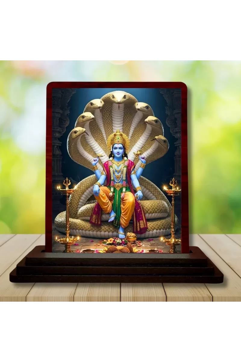 Car Desk/Table Top Lord Vishnu Wooden Photo Stand  3x4 Inches, Compact & Stylish Spiritual Display For Car, Home & Office (Pack Of 1) (F14535)