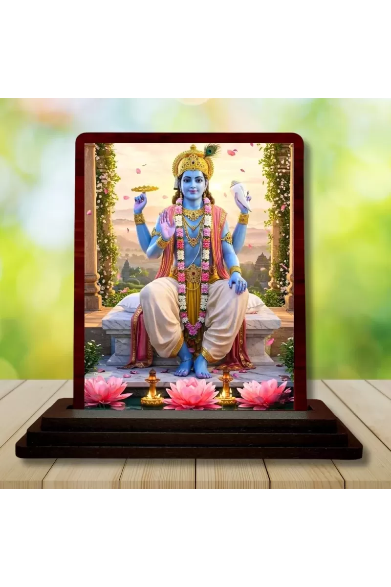 Car Desk/Table Top Lord Vishnu Wooden Photo Stand  3x4 Inches, Compact & Stylish Spiritual Display For Car, Home & Office (Pack Of 1) (F14536)