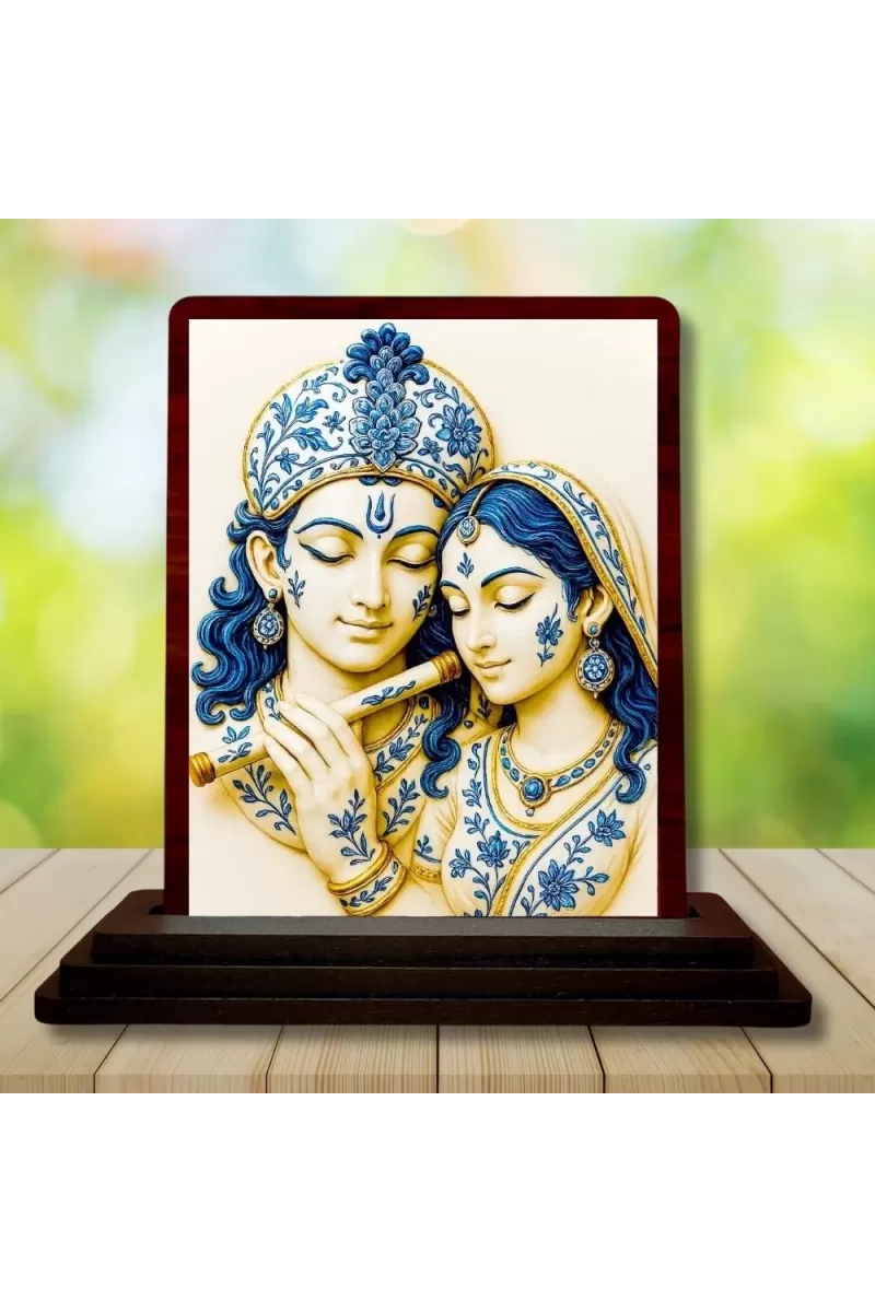 Car Desk/Table Top Radha Krishna Wooden Photo Stand  3x4 Inches, Compact & Stylish Spiritual Display For Car, Home & Office (Pack Of 1) (F14540)