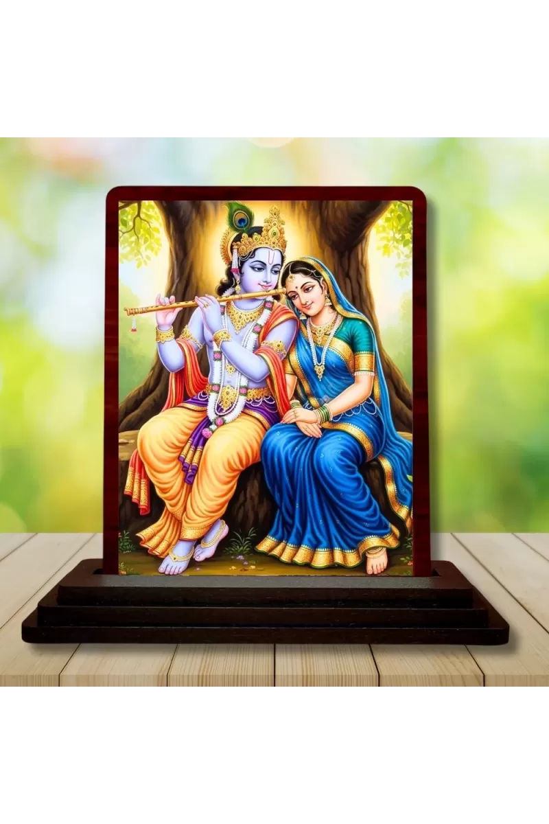 Car Desk/Table Top Radha Krishna Wooden Photo Stand  3x4 Inches, Compact & Stylish Spiritual Display For Car, Home & Office (Pack Of 1) (F14543)