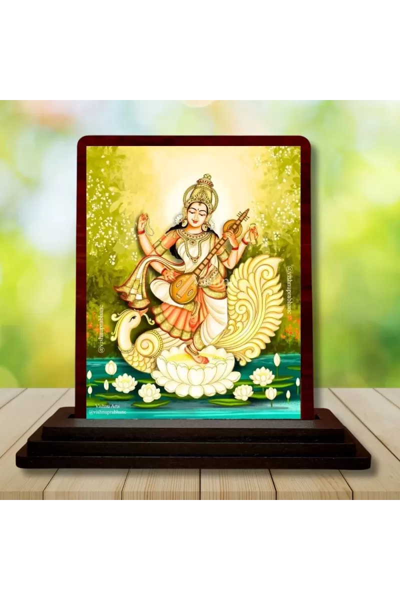 Car Desk/Table Top Goddess Saraswathi Wooden Photo Stand  3x4 Inches, Compact & Stylish Spiritual Display For Car, Home & Office (Pack Of 1) (F14544)