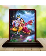 Car Desk/Table Top Radha Krishna Wooden Photo Stand  3x4 Inches, Compact & Stylish Spiritual Display For Car, Home & Office (Pack Of 1) (F14545)