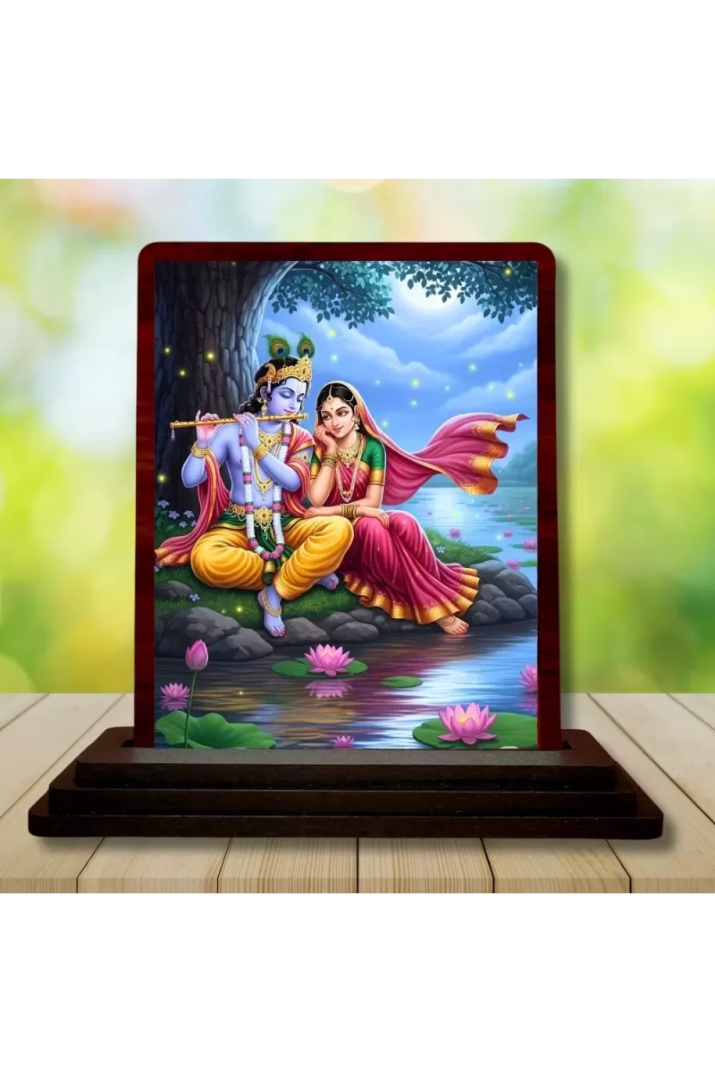 Car Desk/Table Top Radha Krishna Wooden Photo Stand  3x4 Inches, Compact & Stylish Spiritual Display For Car, Home & Office (Pack Of 1) (F14545)