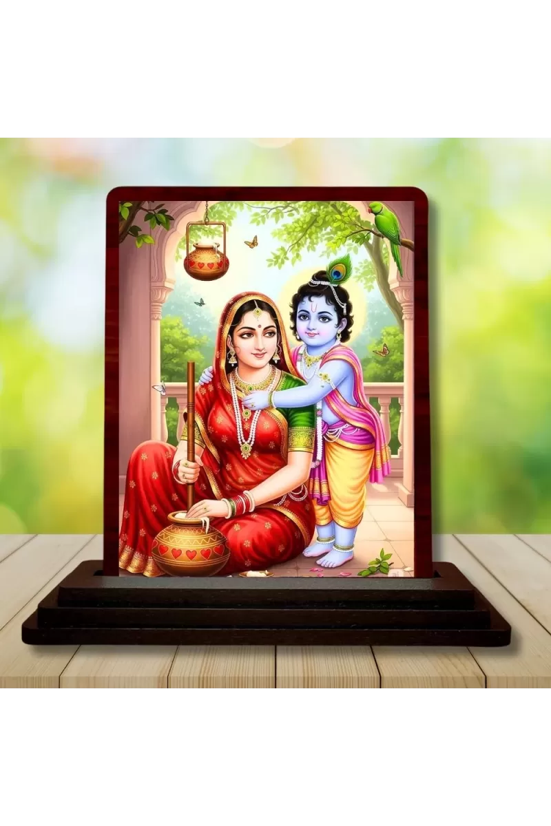 Car Desk/Table Top Yashodha Krishna Wooden Photo Stand  3x4 Inches, Compact & Stylish Spiritual Display For Car, Home & Office (Pack Of 1) (F14546)