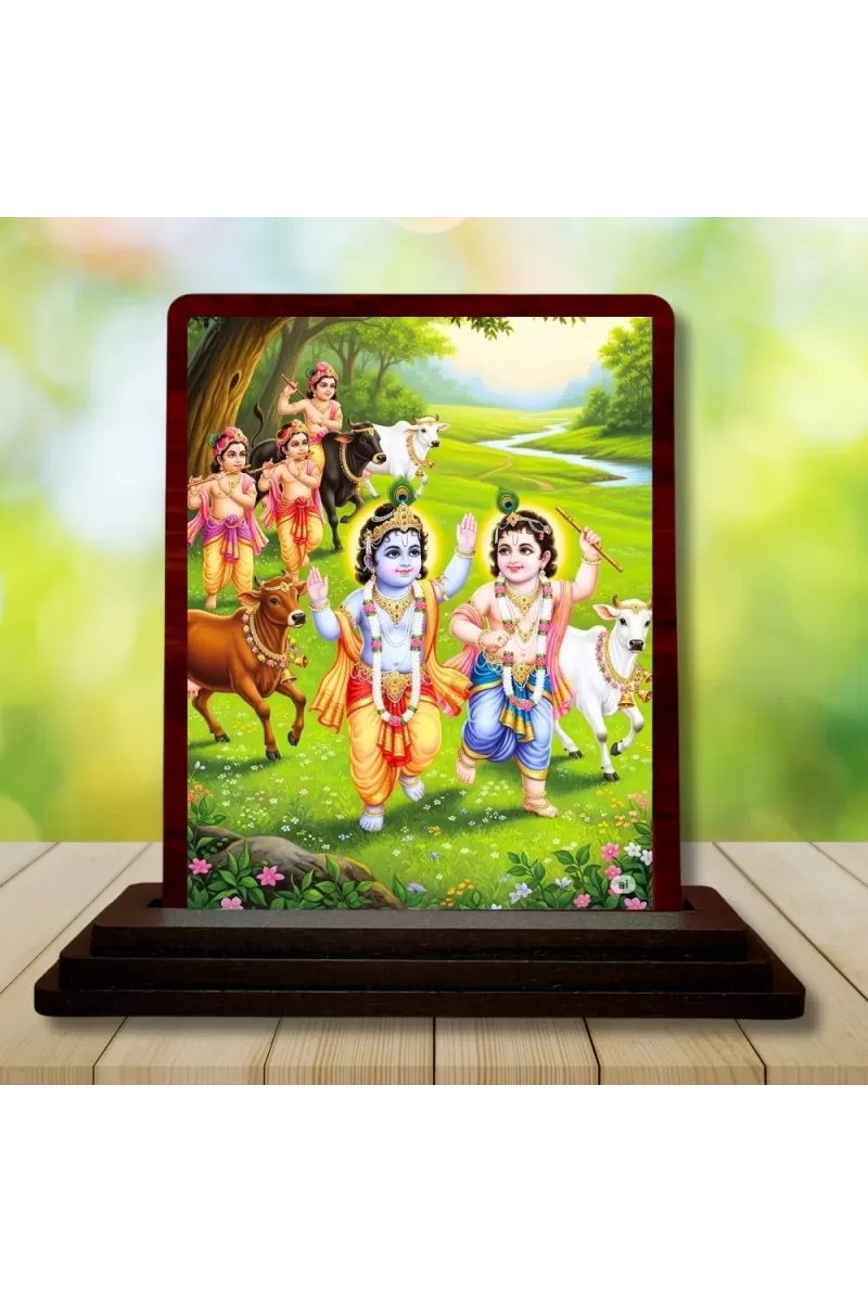 Car Desk/Table Top Lord Krishna Wooden Photo Stand  3x4 Inches, Compact & Stylish Spiritual Display For Car, Home & Office (Pack Of 1) (F14547)