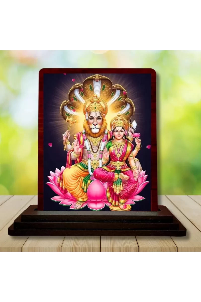 Car Desk/Table Top Lakshmi Narasimha Wooden Photo Stand  3x4 Inches, Compact & Stylish Spiritual Display For Car, Home & Office (Pack Of 1) (F14554)