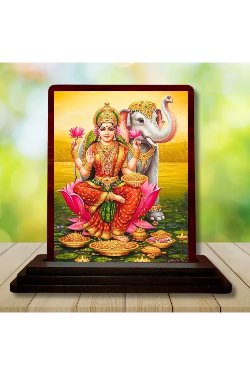 Car Desk/Table Top Goddess Lakshmi Wooden Photo Stand  3x4 Inches, Compact & Stylish Spiritual Display For Car, Home & Office (Pack Of 1) (F14556)