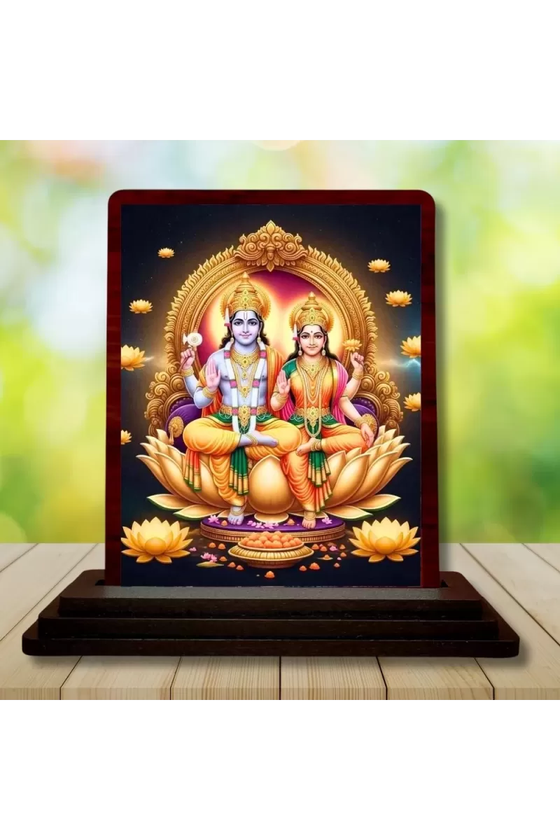 Car Desk/Table Top Lord Vishnu Lakshmi Wooden Photo Stand  3x4 Inches, Compact & Stylish Spiritual Display For Car, Home & Office (Pack Of 1) (F14557)