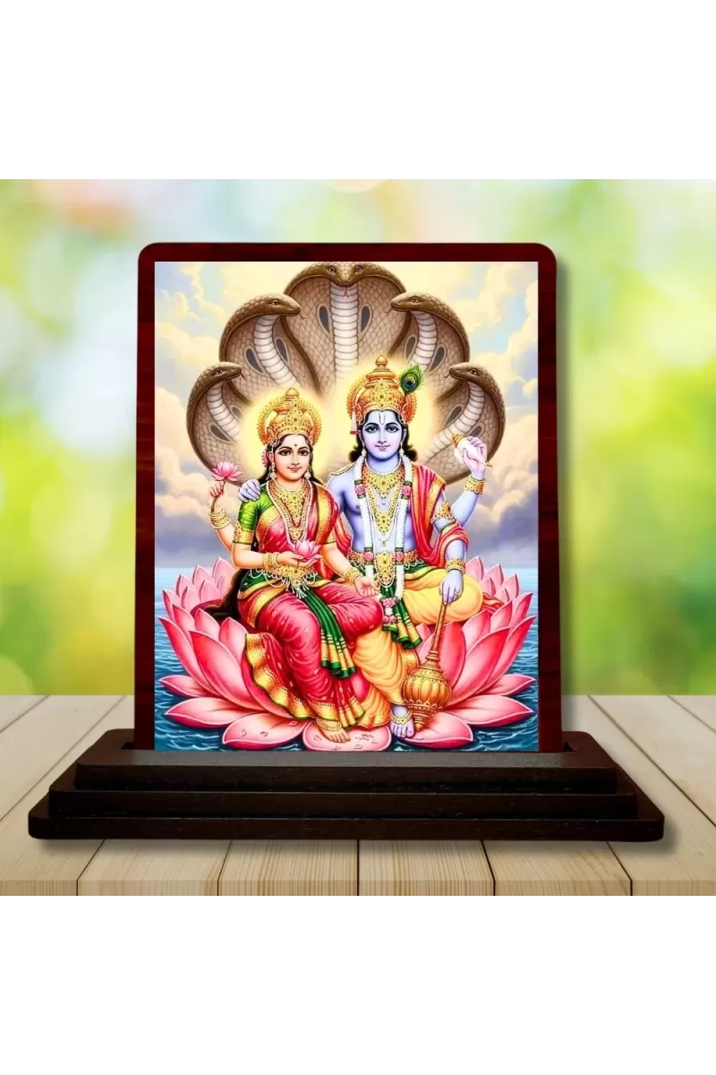 Car Desk/Table Top Lord Vishnu Lakshmi Wooden Photo Stand  3x4 Inches, Compact & Stylish Spiritual Display For Car, Home & Office (Pack Of 1) (F14558)