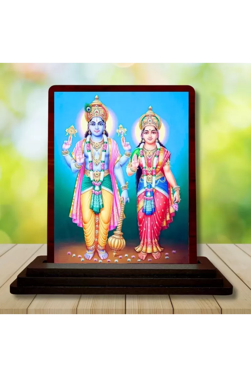 Car Desk/Table Top Lord Vishnu Lakshmi Wooden Photo Stand  3x4 Inches, Compact & Stylish Spiritual Display For Car, Home & Office (Pack Of 1) (F14559)