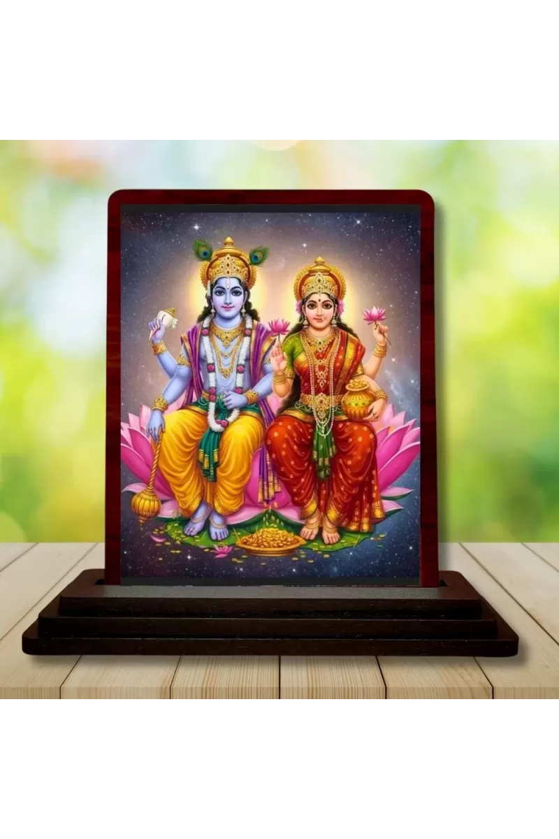Car Desk/Table Top Lord Vishnu Lakshmi Wooden Photo Stand  3x4 Inches, Compact & Stylish Spiritual Display For Car, Home & Office (Pack Of 1) (F14560)