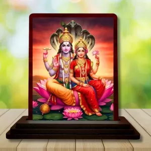 Car Desk/Table Top Lord Vishnu Lakshmi Wooden Photo Stand  3x4 Inches, Compact & Stylish Spiritual Display For Car, Home & Office (Pack Of 1) (F14561)