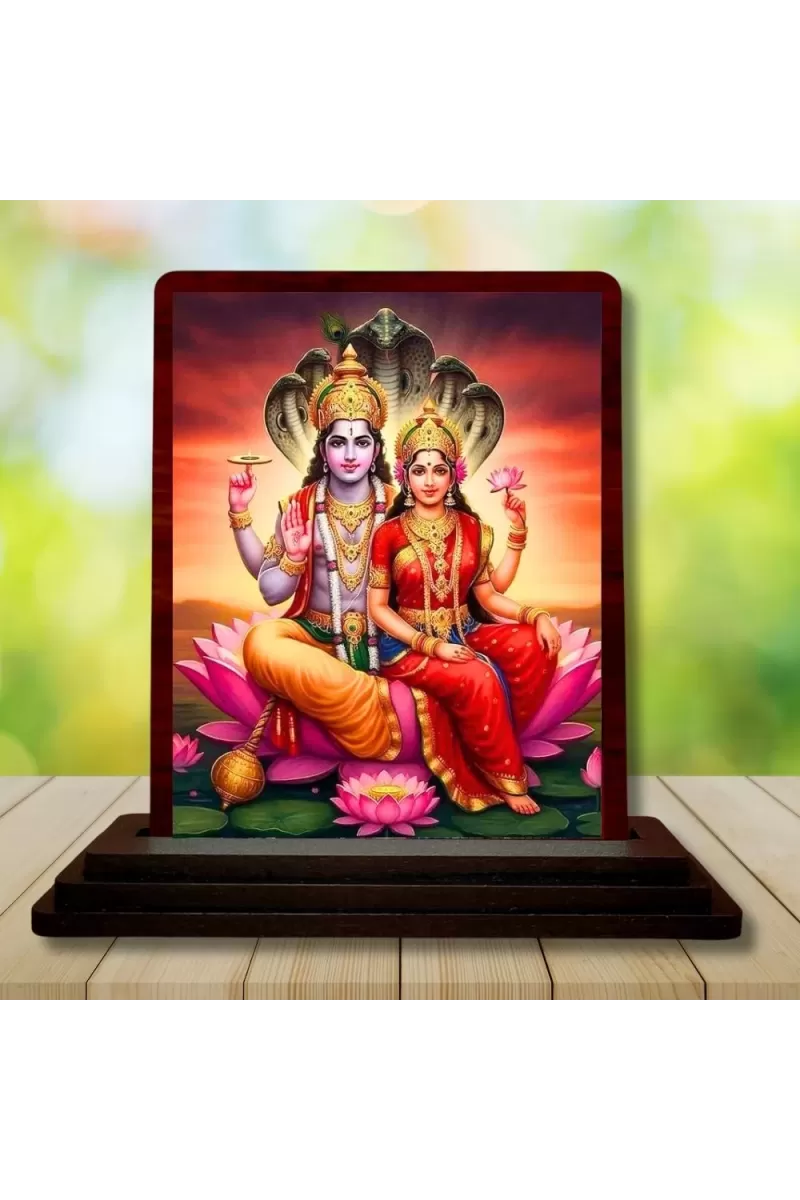 Car Desk/Table Top Lord Vishnu Lakshmi Wooden Photo Stand  3x4 Inches, Compact & Stylish Spiritual Display For Car, Home & Office (Pack Of 1) (F14561)