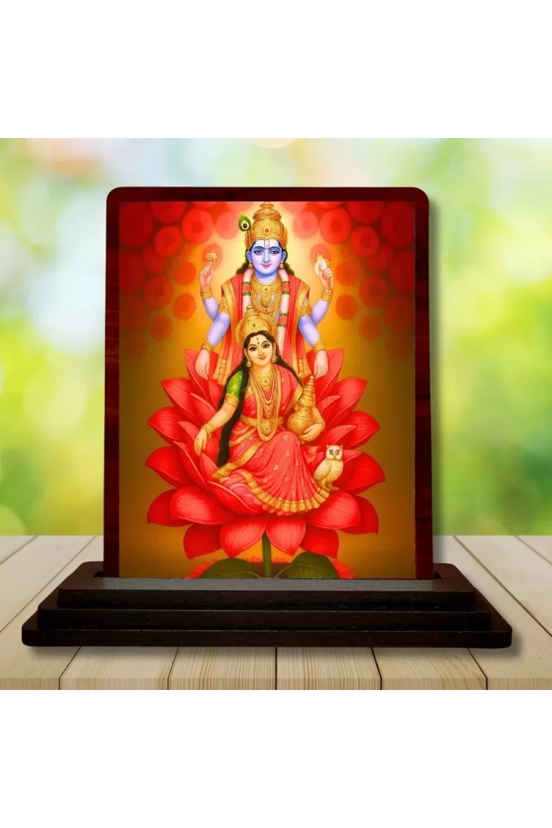 Car Desk/Table Top Lord Vishnu Lakshmi Wooden Photo Stand  3x4 Inches, Compact & Stylish Spiritual Display For Car, Home & Office (Pack Of 1) (F14562)