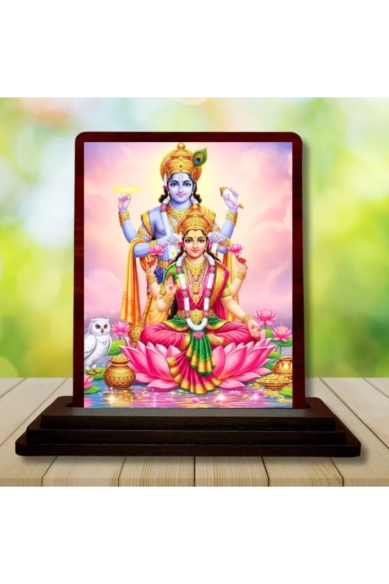 Car Desk/Table Top Lord Vishnu Lakshmi Wooden Photo Stand  3x4 Inches, Compact & Stylish Spiritual Display For Car, Home & Office (Pack Of 1) (F14563)