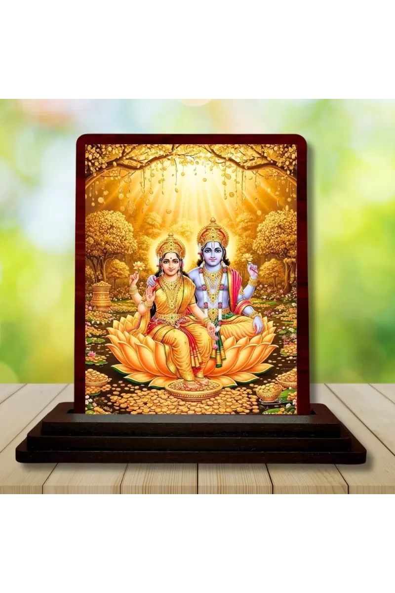 Car Desk/Table Top Lord Vishnu Lakshmi Wooden Photo Stand  3x4 Inches, Compact & Stylish Spiritual Display For Car, Home & Office (Pack Of 1) (F14564)