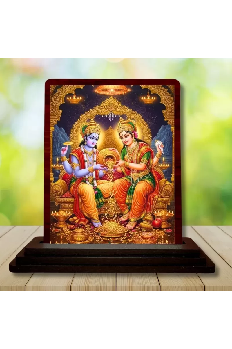 Car Desk/Table Top Lord Vishnu Lakshmi Wooden Photo Stand  3x4 Inches, Compact & Stylish Spiritual Display For Car, Home & Office (Pack Of 1) (F14565)