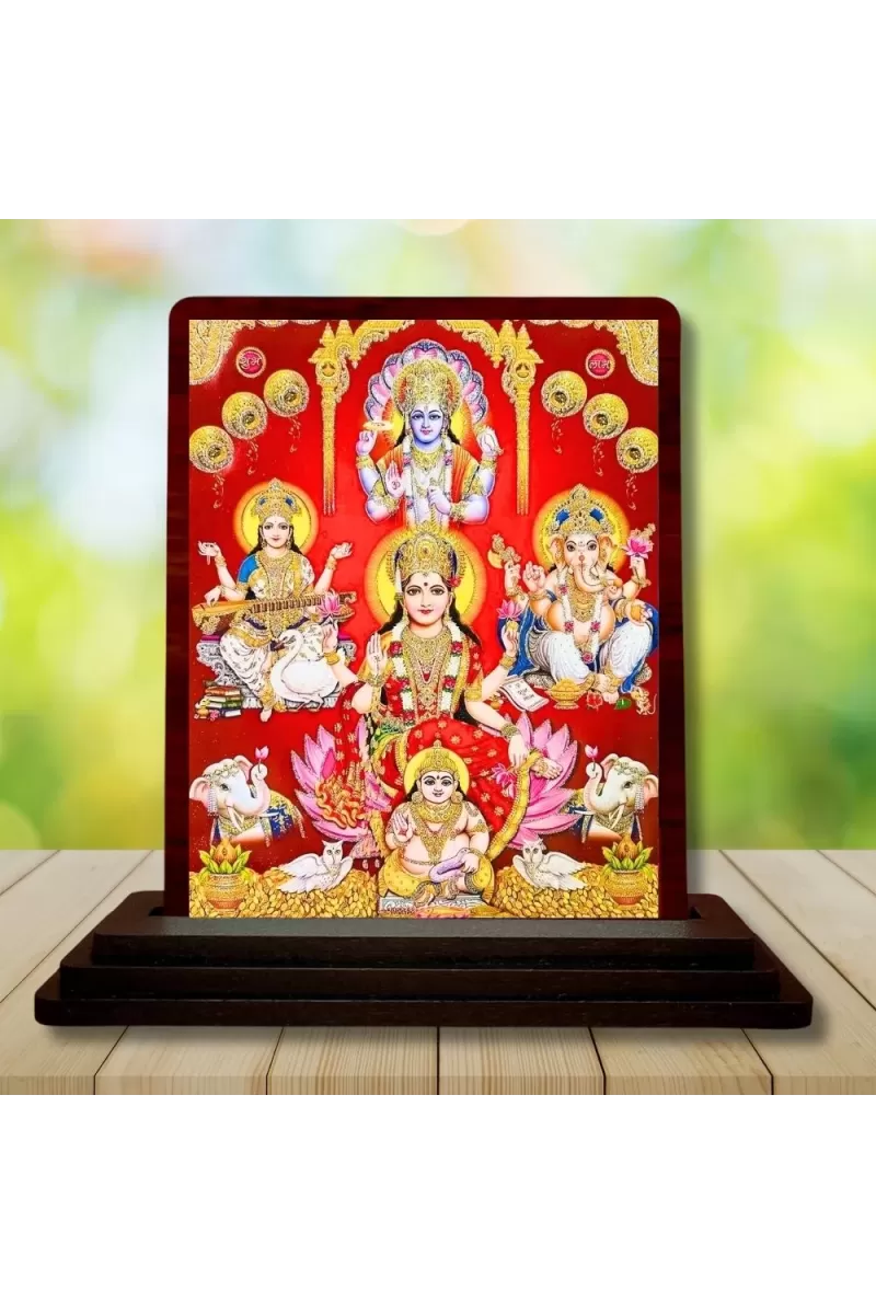 Car Desk/Table Top Goddess Lakshmi Ganesha Kubera Wooden Photo Stand  3x4 Inches, Compact & Stylish Spiritual Display For Car, Home & Office (Pack Of 1) (F14566)