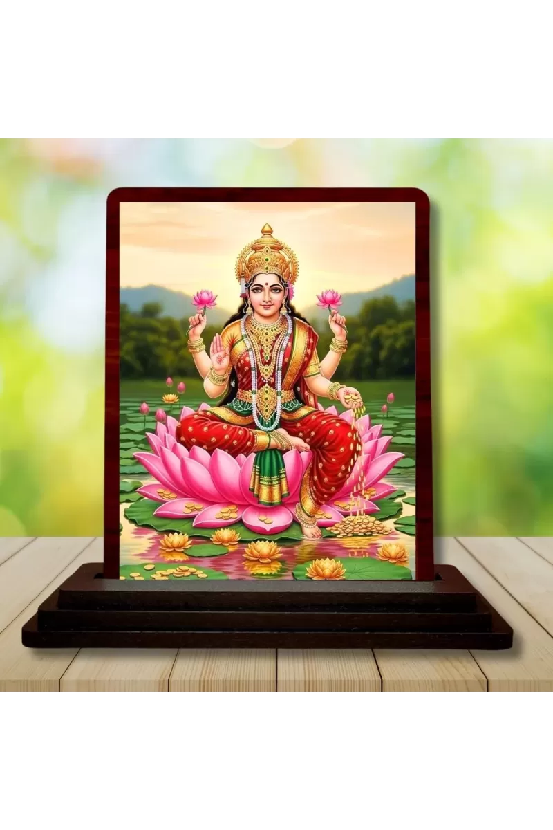 Car Desk/Table Top Goddess Lakshmi Wooden Photo Stand  3x4 Inches, Compact & Stylish Spiritual Display For Car, Home & Office (Pack Of 1) (F14567)