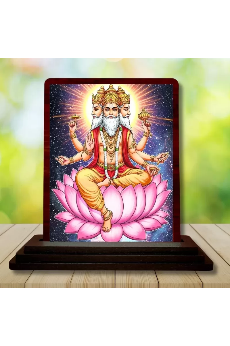 Car Desk/Table Top Lord Bramha Wooden Photo Stand  3x4 Inches, Compact & Stylish Spiritual Display For Car, Home & Office (Pack Of 1) (F14568)