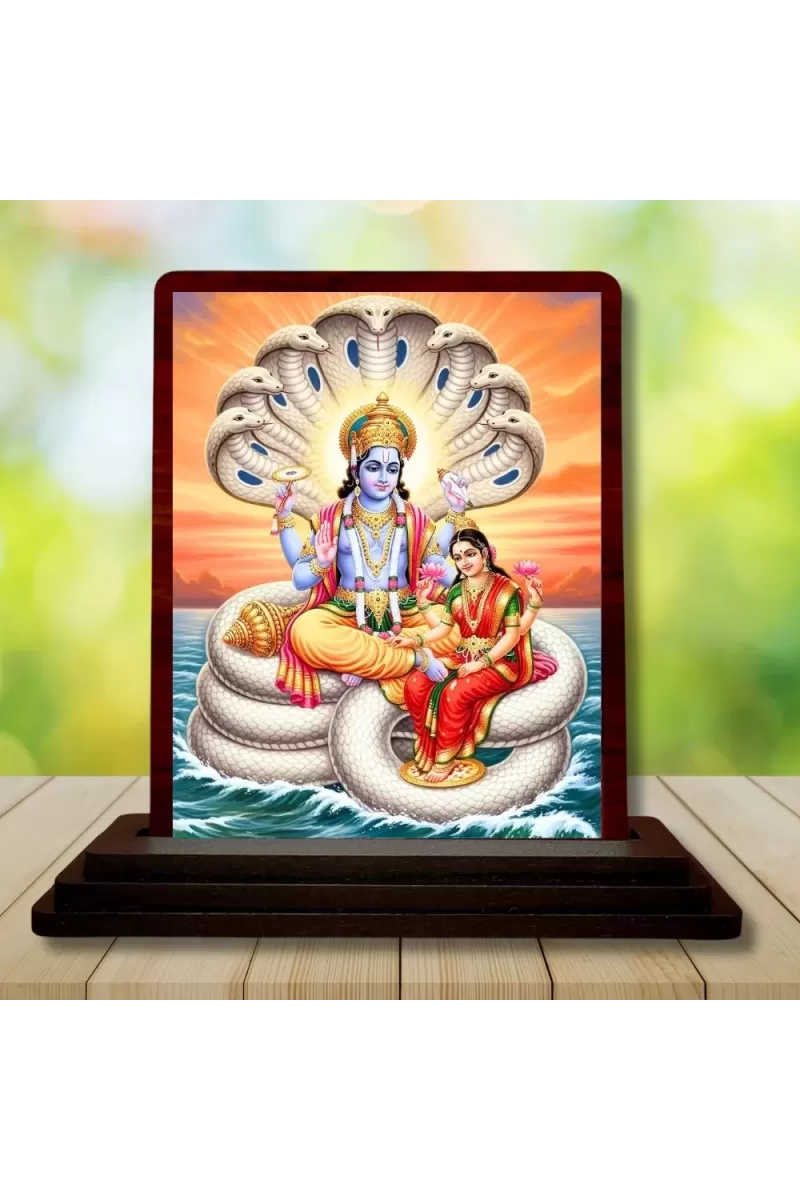 Car Desk/Table Top Lord Vishnu Lakshmi Wooden Photo Stand  3x4 Inches, Compact & Stylish Spiritual Display For Car, Home & Office (Pack Of 1) (F14571)