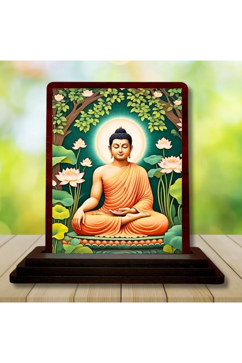 Car Desk/Table Top God Buddha Wooden Photo Stand  3x4 Inches, Compact & Stylish Spiritual Display For Car, Home & Office (Pack Of 1) (F14572)