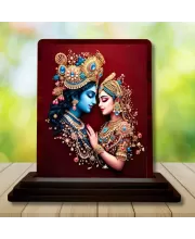 Car Desk/Table Top Radha Krishna Wooden Photo Stand  3x4 Inches, Compact & Stylish Spiritual Display For Car, Home & Office (Pack Of 1) (F14577)