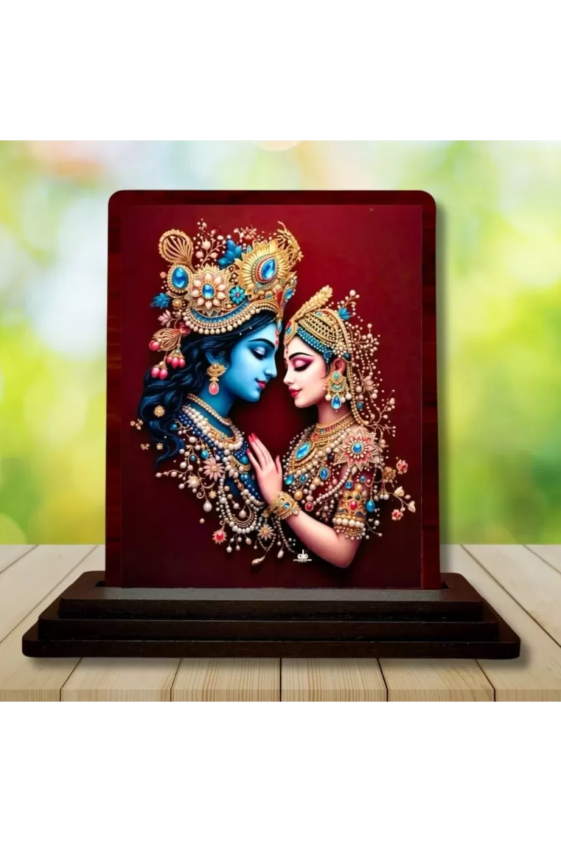 Car Desk/Table Top Radha Krishna Wooden Photo Stand  3x4 Inches, Compact & Stylish Spiritual Display For Car, Home & Office (Pack Of 1) (F14577)