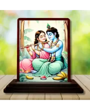 Car Desk/Table Top Radha Krishna Wooden Photo Stand  3x4 Inches, Compact & Stylish Spiritual Display For Car, Home & Office (Pack Of 1) (F14578)