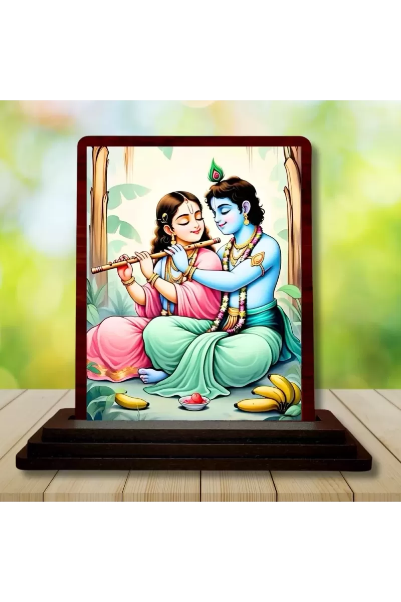 Car Desk/Table Top Radha Krishna Wooden Photo Stand  3x4 Inches, Compact & Stylish Spiritual Display For Car, Home & Office (Pack Of 1) (F14578)