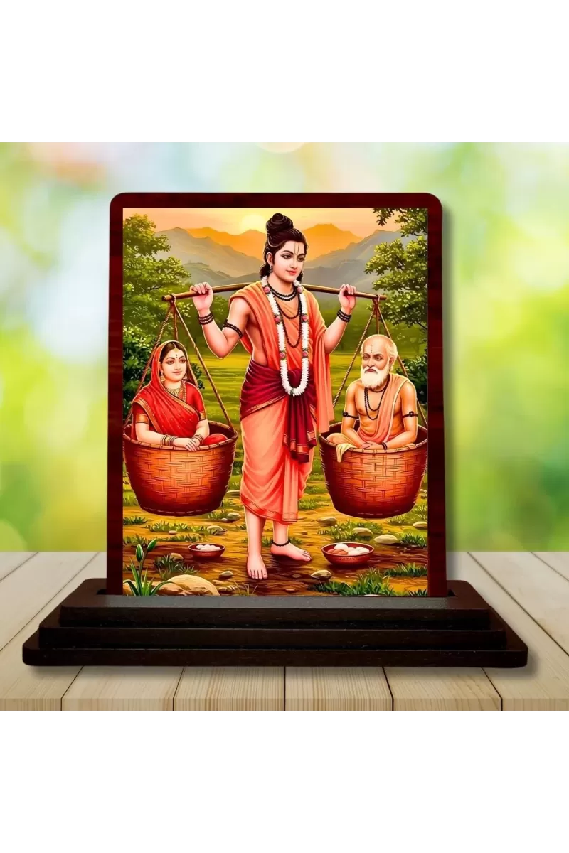 Car Desk/Table Top Shravana Kumara With His Parents Wooden Photo Stand  3x4 Inches, Compact & Stylish Spiritual Display For Car, Home & Office (Pack Of 1) (F14589)