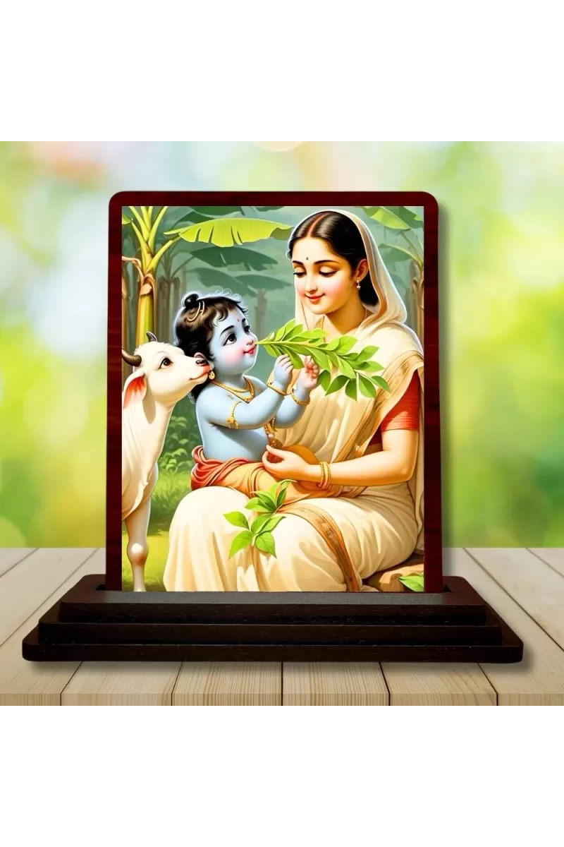 Car Desk/Table Top Yashodha Krishna Wooden Photo Stand  3x4 Inches, Compact & Stylish Spiritual Display For Car, Home & Office (Pack Of 1) (F14590)