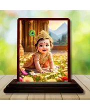 Car Desk/Table Top Lord Krishna Wooden Photo Stand  3x4 Inches, Compact & Stylish Spiritual Display For Car, Home & Office (Pack Of 1) (F14591)