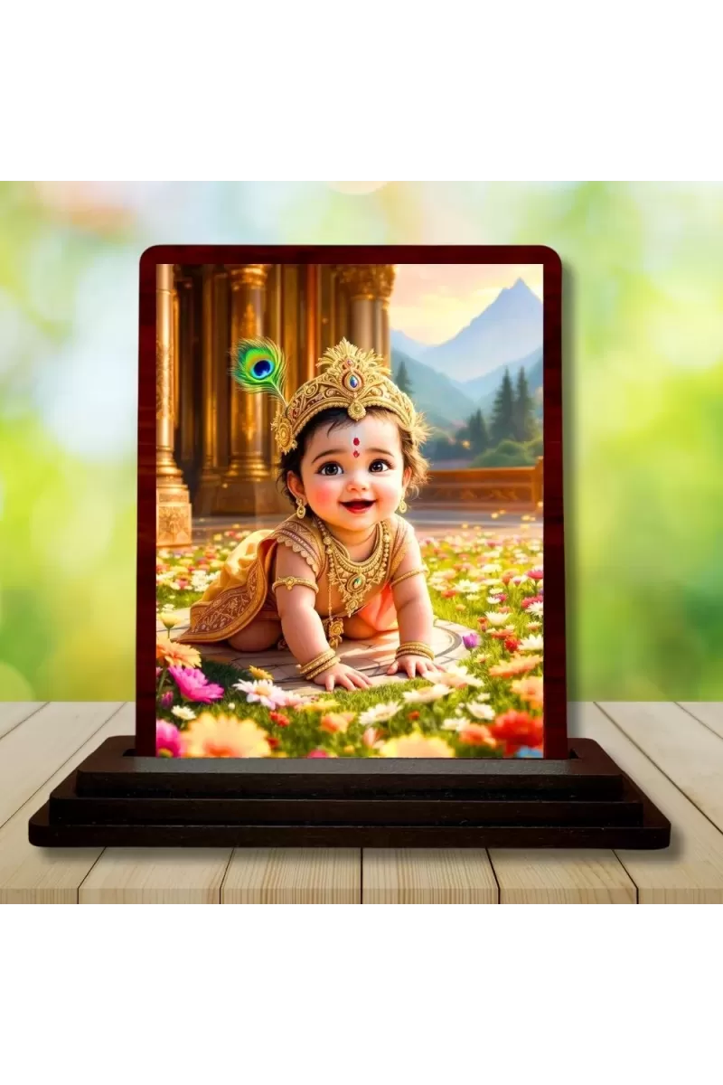 Car Desk/Table Top Lord Krishna Wooden Photo Stand  3x4 Inches, Compact & Stylish Spiritual Display For Car, Home & Office (Pack Of 1) (F14591)
