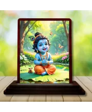 Car Desk/Table Top Lord Krishna Wooden Photo Stand  3x4 Inches, Compact & Stylish Spiritual Display For Car, Home & Office (Pack Of 1) (F14592)