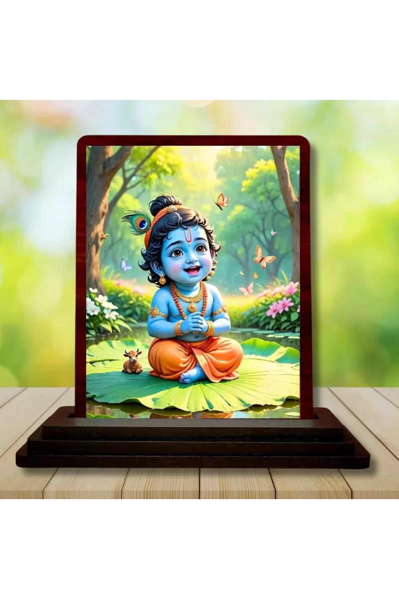 Car Desk/Table Top Lord Krishna Wooden Photo Stand  3x4 Inches, Compact & Stylish Spiritual Display For Car, Home & Office (Pack Of 1) (F14592)