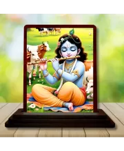 Car Desk/Table Top Lord Krishna Wooden Photo Stand  3x4 Inches, Compact & Stylish Spiritual Display For Car, Home & Office (Pack Of 1) (F14593)