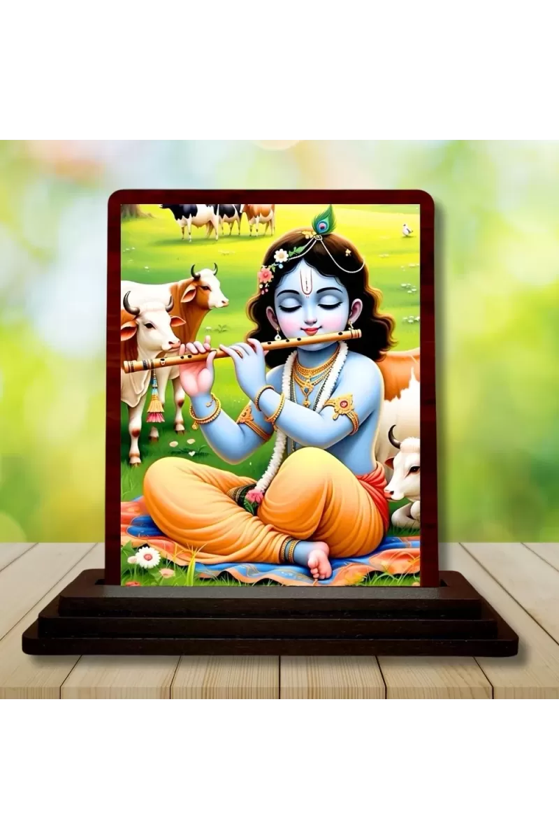 Car Desk/Table Top Lord Krishna Wooden Photo Stand  3x4 Inches, Compact & Stylish Spiritual Display For Car, Home & Office (Pack Of 1) (F14593)