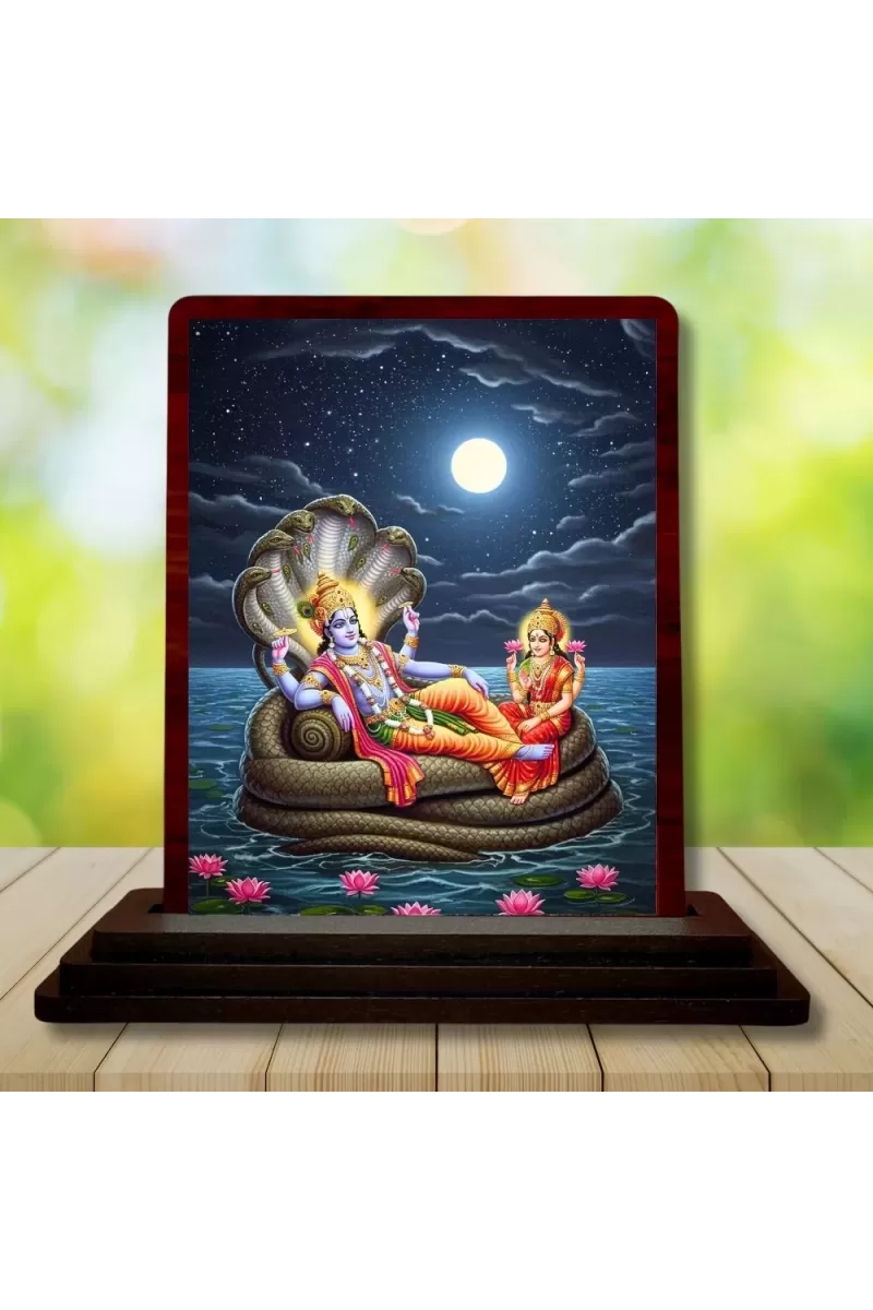 Car Desk/Table Top Lord Vishnu Wooden Photo Stand  3x4 Inches, Compact & Stylish Spiritual Display For Car, Home & Office (Pack Of 1) (F14594)