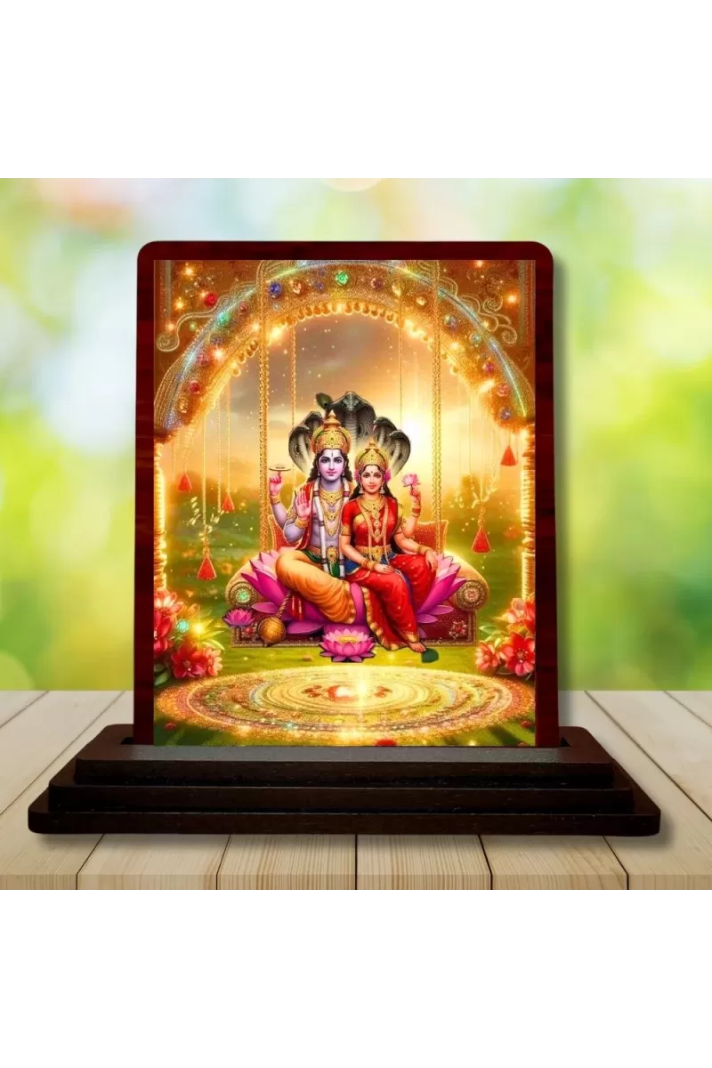 Car Desk/Table Top Lord Vishnu  And Lakshmi Wooden Photo Stand  3x4 Inches, Compact & Stylish Spiritual Display For Car, Home & Office (Pack Of 1) (F14600)