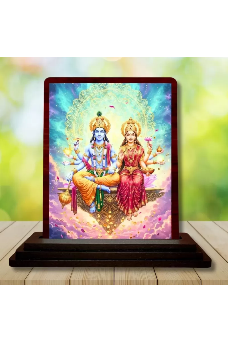 Car Desk/Table Top Lord Vishnu  And Lakshmi Wooden Photo Stand  3x4 Inches, Compact & Stylish Spiritual Display For Car, Home & Office (Pack Of 1) (F14601)
